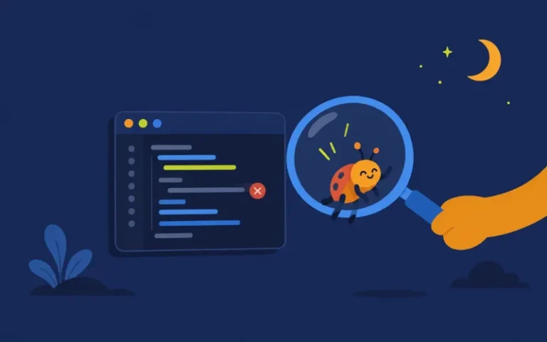 コードの不具合を虫眼鏡で調べるイラスト