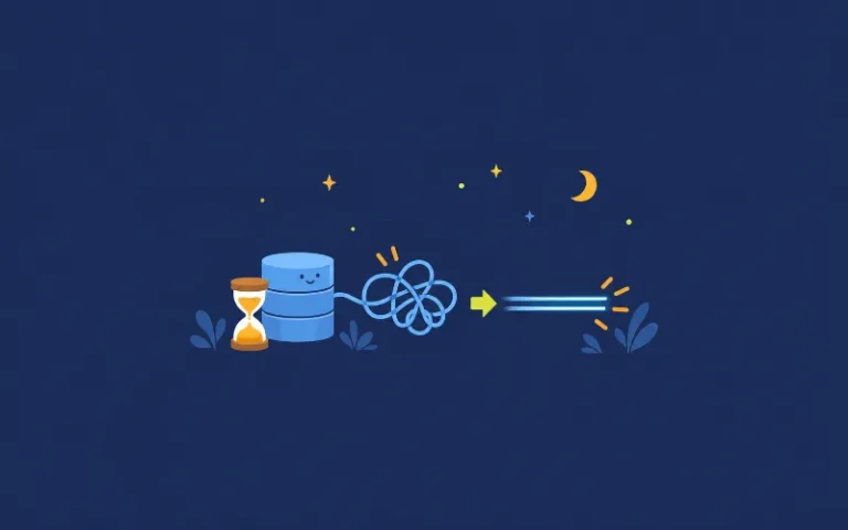 データベースの絡まった線をほどくイラスト