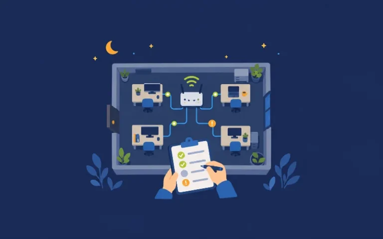 オフィスのネットワーク図を点検するイラスト