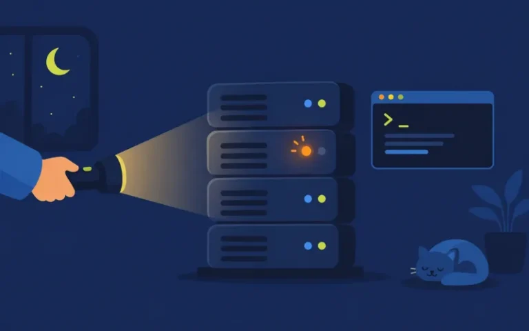 サーバーラックをライトで点検するイラスト
